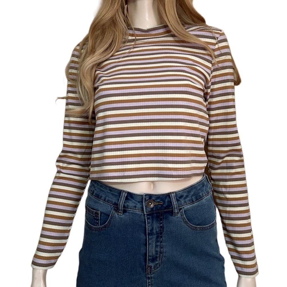 Vero Moda Sweater Top Lavender Cream Stripe Rayon Blend Long Sleeve Mock Neck